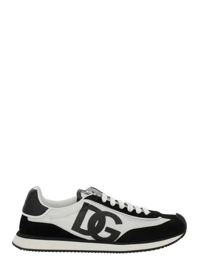 DOLCE & GABBANA DOLCE & GABBANA MEN 'ARIA' WHITE AND BLACK RUNNING SNEAKERS WITH LOGO DETAIL IN SUEDE AND TECH FABRI