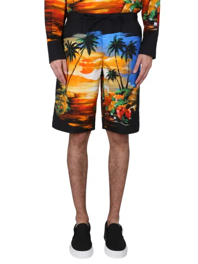 Dolce & Gabbana Men Bermuda Shorts With Hawaii Print In Multicolor