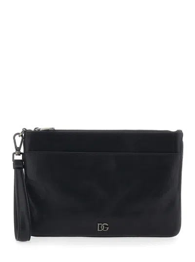 Dolce & Gabbana Men Black Clutch With Wrist Strap And Logo Plaque On The Front In Leather Man