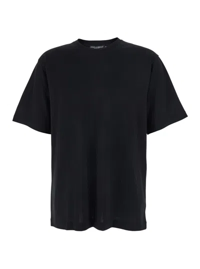 Dolce & Gabbana Men Black Crew Neck T-shirt With Back Logo Patch In Cotton Man