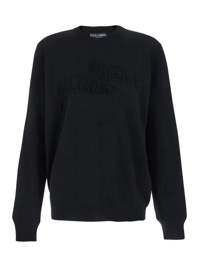 Dolce & Gabbana Men Black Crewneck Sweater With Logo Lettering On The Front In Wool Man