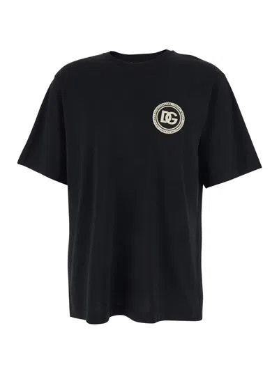Dolce & Gabbana Men Black Crewneck T-shirt With Logo Embroidery On The Front In Cotton Man