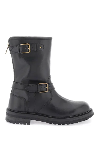 DOLCE & GABBANA MEN'S BLACK LEATHER BIKER BOOTS FROM THE FW23 COLLECTION