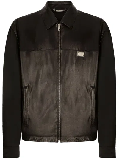 Dolce & Gabbana Men's Black Leather Jacket With Logo Plaque And Zip Fastening