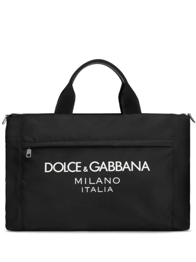 Dolce & Gabbana Black Nylon Logo Tote Bag In Blue