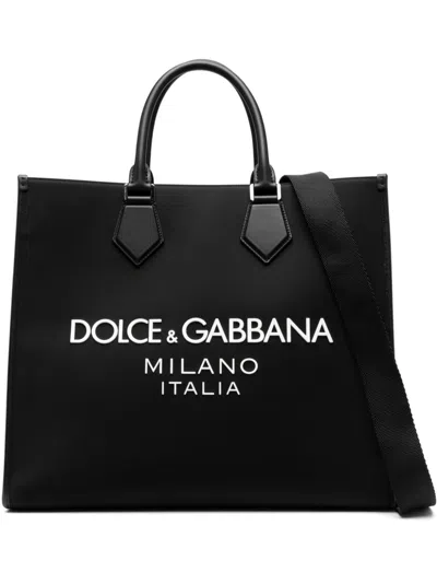 Dolce & Gabbana Large Embossed Logo Nylon Tote Bag With Leather Accents And Shoulder Strap For Men In Black