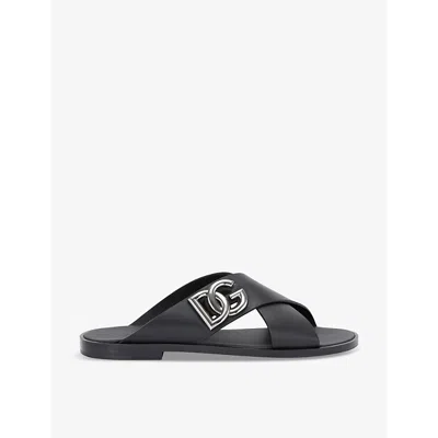 Dolce & Gabbana Logo-plaque Cross-over Leather Sandals In Black
