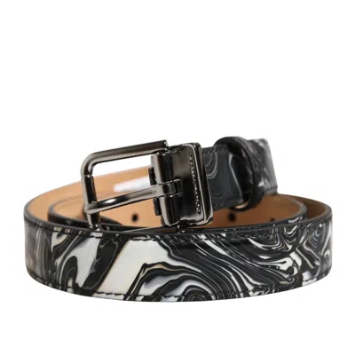 Dolce & Gabbana Men Black Marble Leather Metal Buckle Men's Belt