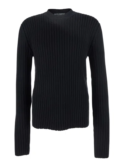 DOLCE & GABBANA DOLCE & GABBANA MEN BLACK RIBBED KNIT CREWNECK SWEATER WITH LOGO PATCH ON THE REAR IN WOOL MAN