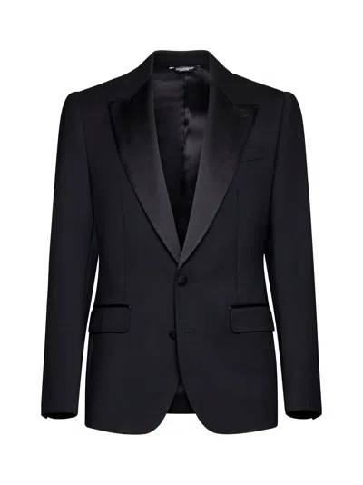 Dolce & Gabbana Men Black Stretch Wool Sicilia Tuxedo Blazer