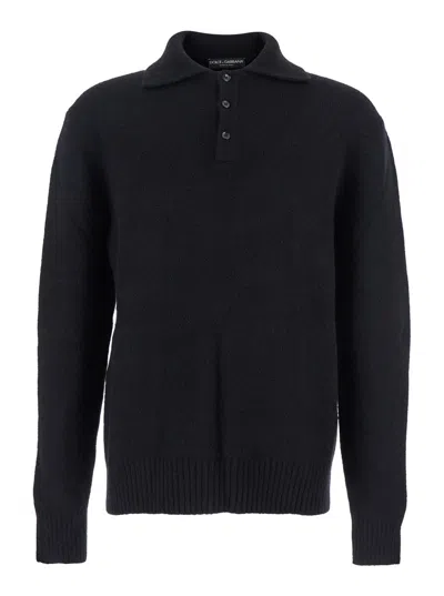 Dolce & Gabbana Men Black Sweater With Polo Collar And Back Logo Patch In Wool Man In Multi