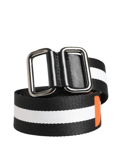 Pre-owned Dolce & Gabbana Men Black White Nylon Logo Metal Buckle Men's Belt () In Multi