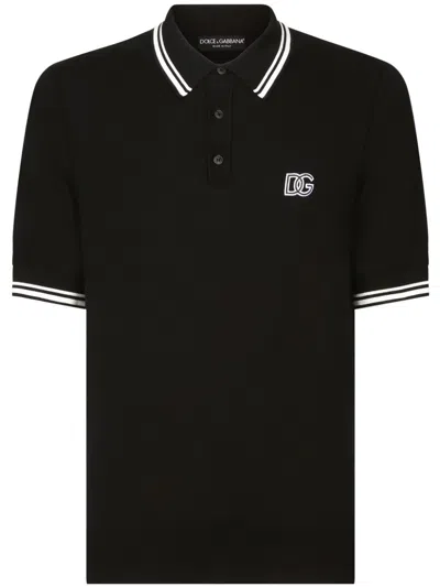 DOLCE & GABBANA MEN'S BLACK/WHITE COTTON POLO SHIRT WITH EMBROIDERED LOGO AND STRIPE DETAILING