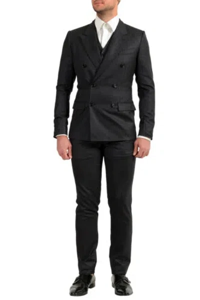 Pre-owned Dolce & Gabbana Men's Blue 100% Wool Striped Double Breasted Three Piece Suit In Blue/beige