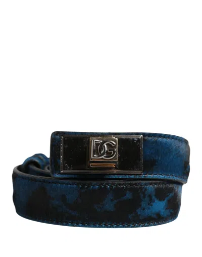 Dolce & Gabbana Men Blue Calf Leather Logo Metal Buckle Men's Belt