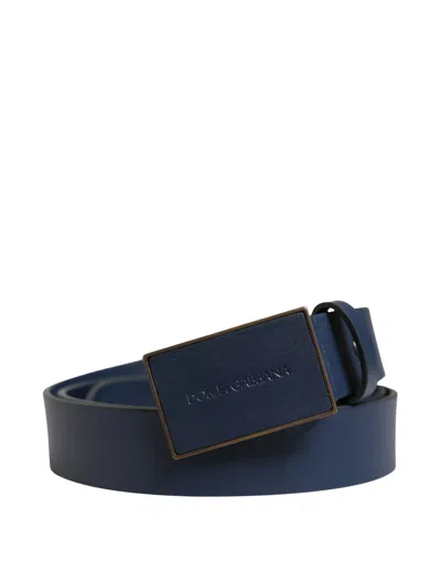 Pre-owned Dolce & Gabbana Men Blue Calf Leather Logo Metal Buckle Men's Belt ()