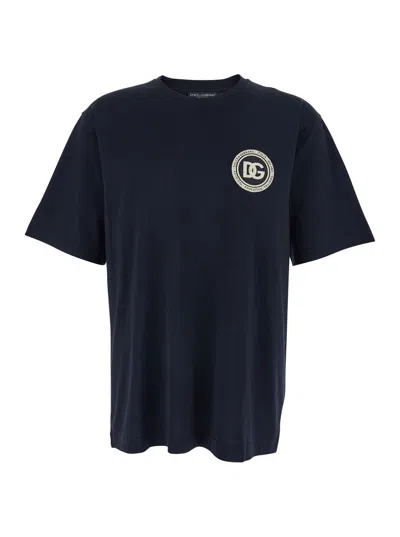 Dolce & Gabbana Men Blue Crewneck T-shirt With Logo Embroidery On The Front In Cotton Man