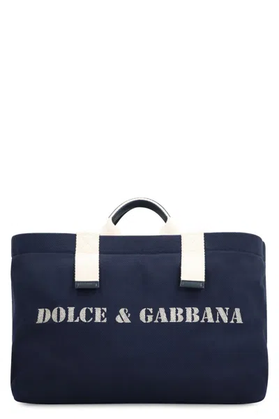 Dolce & Gabbana Men's Blue Printed Canvas Tote Handbag For Ss24 Season