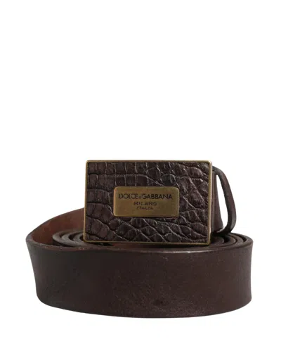 Pre-owned Dolce & Gabbana Men Brown Leather Logo Metal Buckle Men's Belt ()
