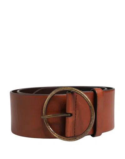 Dolce & Gabbana Men Brown Leather Wide Waist Metal Round Buckle Men's Belt