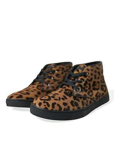 Pre-owned Dolce & Gabbana Men's Brown Leopard Pony Hair Leather Mid Top Sneakers 7.5-