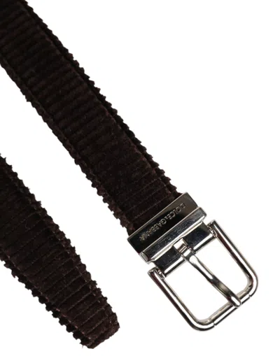 Dolce & Gabbana Men Brown Velvet Ridged Silver Buckle Belt In Black