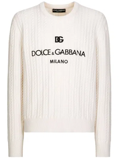 Dolce & Gabbana Men's Cable-knit Virgin Wool Crew Neck Jumper In Optic White For Ss24