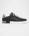 Dolce & Gabbana Portofino Sneakers In Black Leather With Silver Inserts In Blk/silver