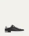 Dolce & Gabbana Portofino Sneakers In Black Leather With Silver Inserts In Blk/silver