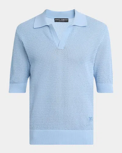 Dolce & Gabbana Men's Cotton Mesh Knit Johnny Collar Polo Shirt In Blue