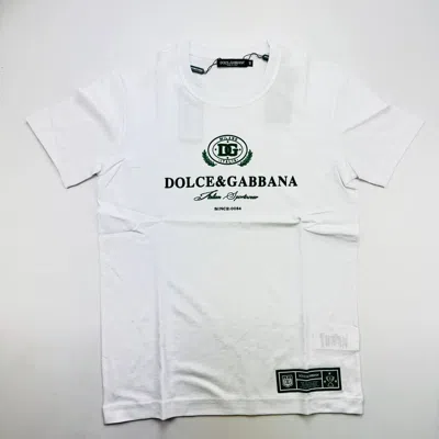 Pre-owned Dolce & Gabbana Men Cotton T-shirt With Flocked Logo Print Short Sleeves In White