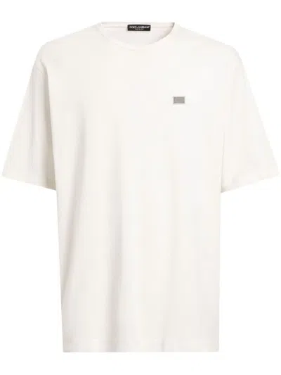 Dolce & Gabbana Cotton T-shirt With Metal Tag In Beige