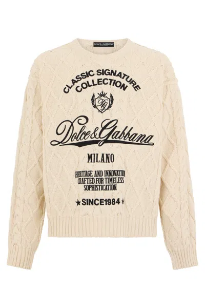 Dolce & Gabbana Cotton Blend Sweater Crew Neck Writings In Neutral