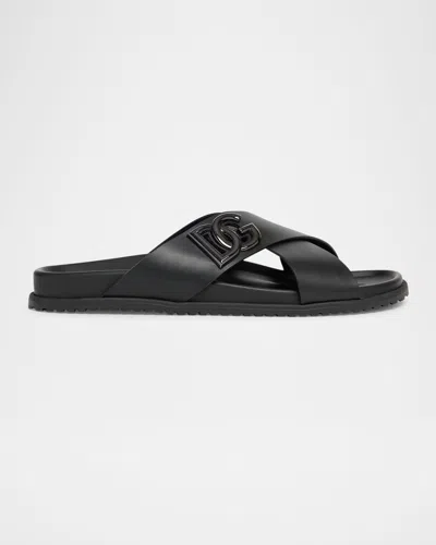 DOLCE & GABBANA MEN'S CRISSCROSS LEATHER LOGO SLIDE SANDALS