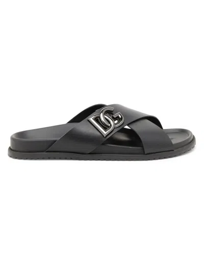 Dolce & Gabbana Men's Crossed Strap Leather Sandals In Black