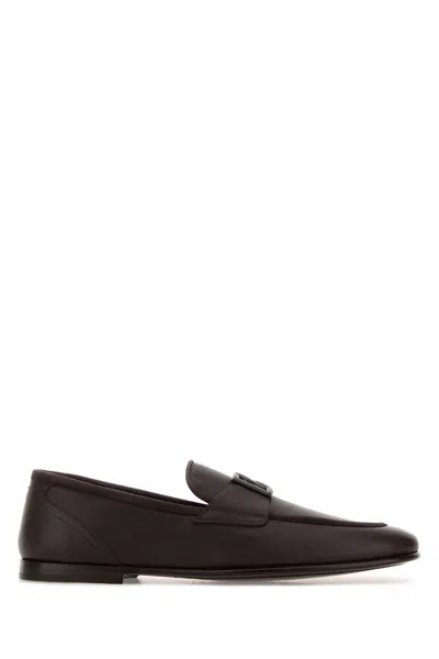 Dolce & Gabbana Interlocked-dg Leather Slippers In Brown