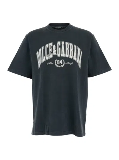 DOLCE & GABBANA DOLCE & GABBANA MEN DARK GREY CREWNECK T-SHIRT WITH LOGO LETTERING PRINT ON THE FRONT IN COTTON MAN