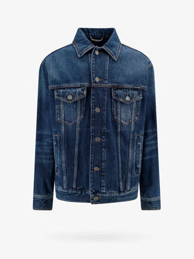 Dolce & Gabbana Men Denim Jacket With Logoed Label In Blue
