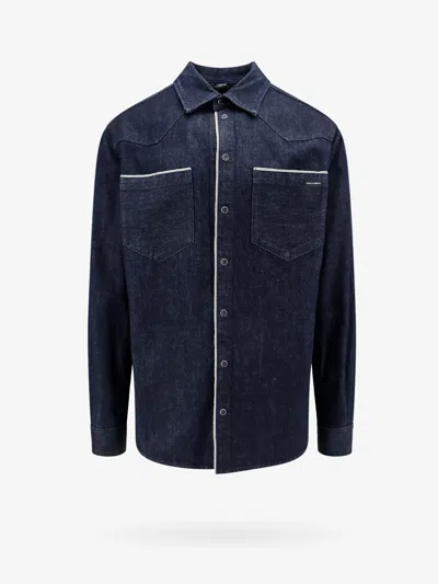 Dolce & Gabbana Men Denim Shirt With Logoed Label In Blue