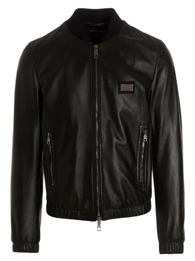 Dolce & Gabbana Leather Jacket With Hood And Branded Tag In Black