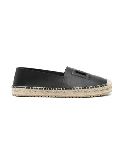 Dolce & Gabbana Leather Espadrilles With Braided Raffia Sole In Black