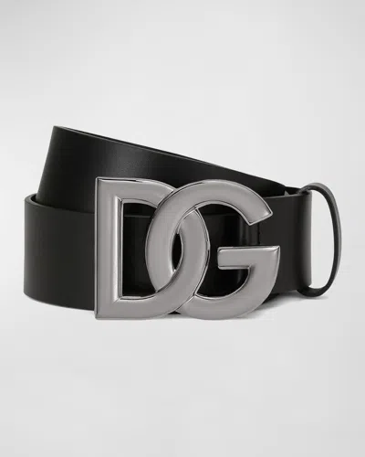 Dolce & Gabbana Lux Leather Belt With Crossover Dg Logo Buckle In Black