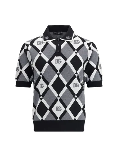 Dolce & Gabbana Men Virgin Wool Polo Shirt With Geometric Print In Gray