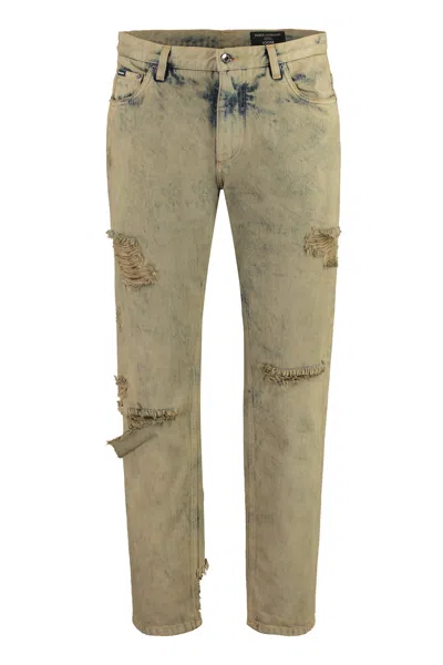 Dolce & Gabbana Loose Stretch Overdye Jeans With Rips In Tan