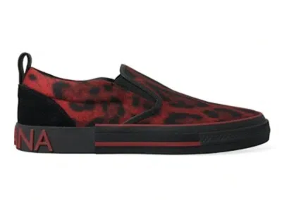 Pre-owned Dolce & Gabbana Men's  2.zero Slipon Leopard Sneakers In Red/black In Multi