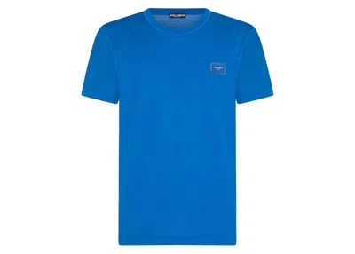 Pre-owned Dolce & Gabbana Men's  Cotton Logoed Plaque T-shirt In Turquois In Blue
