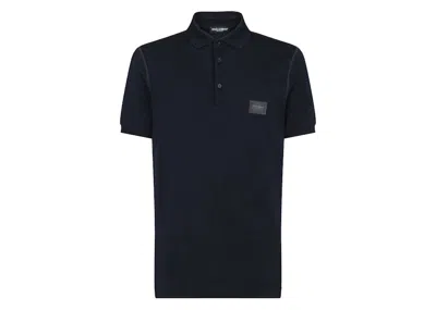 Pre-owned Dolce & Gabbana Men's  Cotton Pique Branded Plate Polo Shirt In Blue