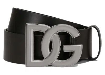 Pre-owned Dolce & Gabbana Men's  Lux Leather Crossover Dg Logo Buckle Belt In Black