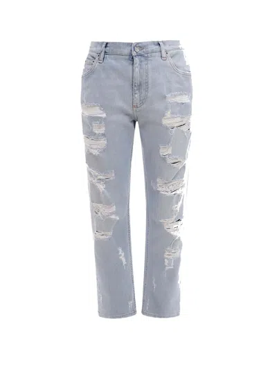 Pre-owned Dolce & Gabbana Men's  Man Stretch Cotton Ripped Effect Jeans In Light Wash Blue