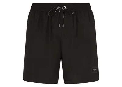 Pre-owned Dolce & Gabbana Men's  Mid Length Branded Plate Swim Trunks In Black